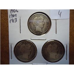 1906,09 & 13 BARBER DIMES ALL (VERY GOOD+)