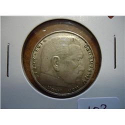 1939 GERMAN 2 MARKS SILVER WITH SWASTIKA