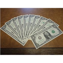 10 CONSECUTIVE LOW SERIAL # 2003-A $1 FRN'S CU