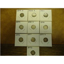 10 BARBER DIMES 1892,96,97,97-S,98,98-S,99,99-O,