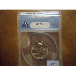 1955-D WASHINGTON SILVER QUARTER ANACS MS63