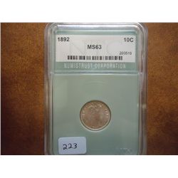 1892 BARBER DIME NTC MS63