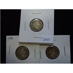 1905-S VG, 1906 FINE & 14-D (FINE) BARBER DIMES