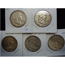 1952,52-D,53,53-S & 54 FRANKLIN HALF DOLLARS
