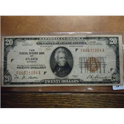 1929 US $20 NATIONAL CURRENCY ATLANTA