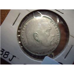 1938-J GERMANY 2 MARKS SILVER WITH SWASTIKA