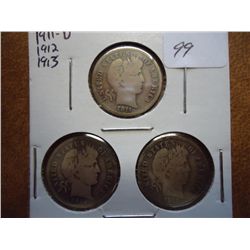 1911-D,12 & 13 BARBER DIMES