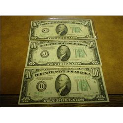 3 ASSORTED 1934 US $10 FRN'S GREEN SEALS