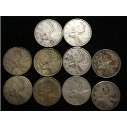 10 ASSORTED 1940'S CANADA SILVER 25 CENTS