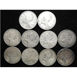10 ASSORTED 1940'S CANADA SILVER 25 CENTS