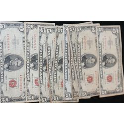 United States Note $5, Red Seal, Various Dates & Conditions, Lot of 10