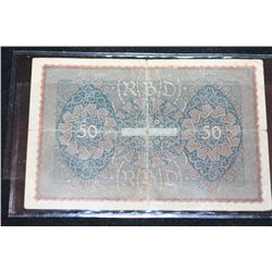1919 German 50 Funfzig Mark Foreign Bank Note
