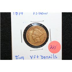 1874 Indian Princess $3 Gold Coin, Ding, VF+ Details