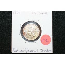 1854 Indian Princess  $3 Gold Coin, Repaired & Removed From Jewelry