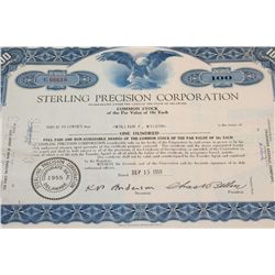 Sterling Precision Corp. Stock Certificate Dated 1959