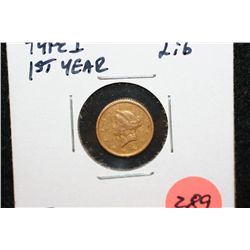 1849 Liberty $1 Gold Coin, 1st Year, Type I, XF