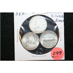 1956, 1965 & 1967 Canada 10 Cents, Silver, Lot of 3
