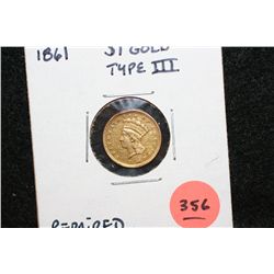 1861 Indian Princess $1 Gold Coin, Type III, Repaired
