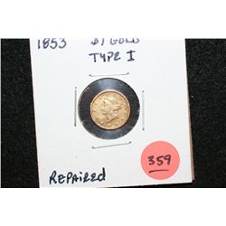 1853 Liberty $1 Gold Coin, Type I, Repaired