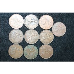 Great Britain Penny, Various Dates & Conditions, Lot of 10