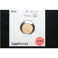 1856 Indian Princess $1 Gold Coin, Type III, Scratches