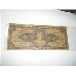 1953 50 CINQUENTA CRUZEIROS Brazil Bank Note Serial # 011384 *Please Look at Picture to Determine Gr