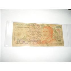 1989 100 CEM CRUZADOS Brazil Bank Note Serial # A3864013493A *Please Look at Picture to Determine Gr