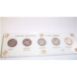 US TYPE SILVER DIME SET, 5 COINS
