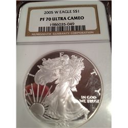 2005-W PURE SILVER AMERICAN EAGLE, NGC PROOF-70-HIGHEST POSSIBLE GRADE