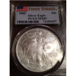 2005 PURE SILVER AMERICAN EAGLE, PCGS MS-69 FIRST STRIKE