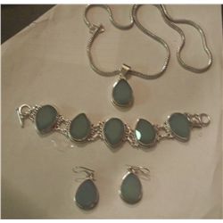 Set of Sterling Silver Necklace, Bracelet and Earrings W/Gemstones