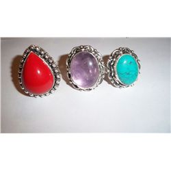 3 CUSTOM MADE STERLING SILVER GEMSTONE LADIES RINGS, 40 GRAMS