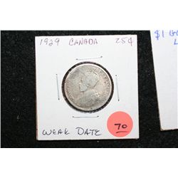 1929 Canada 25 Cents Foreign Coin, Weak Date