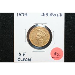 1874 Indian Princess $3 Gold Coin, XF Clean