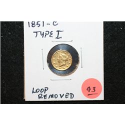 1851-C Liberty $1 Gold Coin, Type I, Jewelry Loop Removed