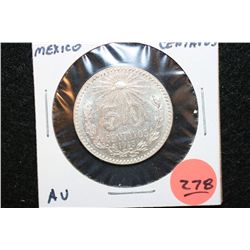 1943 Mexico 50 Centavos Foreign Coin, AU, Ley 0.720
