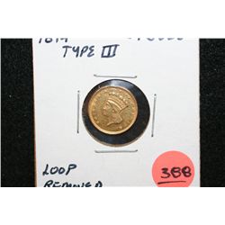 1874 Indian Princess $1 Gold Coin, Type III, Loop Removed