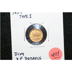 1854 Liberty $1 Gold Coin, Type I, Ding, XF Details
