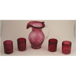 5 Pc. Fenton Glass Cranberry Swirl Pitcher Set