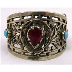 Antique Silver Bracelet with Ruby and Blue Gemstones