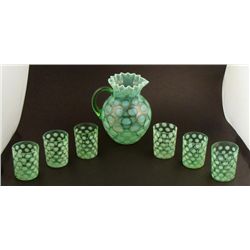 7 Pc Fenton Green Vaseline Opalescent Pitcher Set Signd