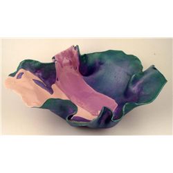 Pink & Green Free Form Fabric Art Glass Bowl Signed