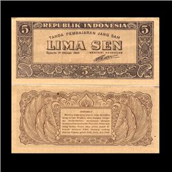 1945 Indonesia 5 Sen Note Crisp Unc (CUR-06751)