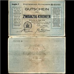 1919 Austria 20k Reichenberg Note Hi Grade RARE (COI-3943)