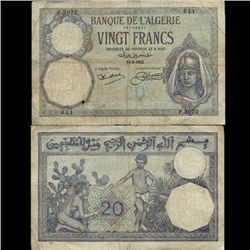 1932 Algeria 20 Franc Note Better Grade (CUR-07066)