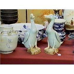 Three Chinese models of fowl: pair of glazed 