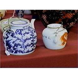 Two antique, Chinese porcelain tea pots: blue