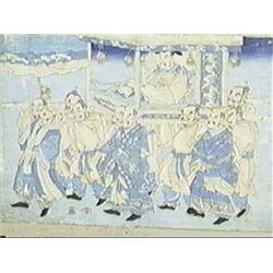 Antique Japanese, woodblock print of men carr