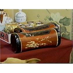 Pair of antique, Chinese red, black and gold 