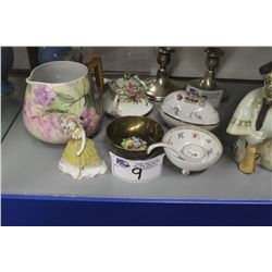 4 CHINA DISHES, SMALL FIGURINE & CHINA